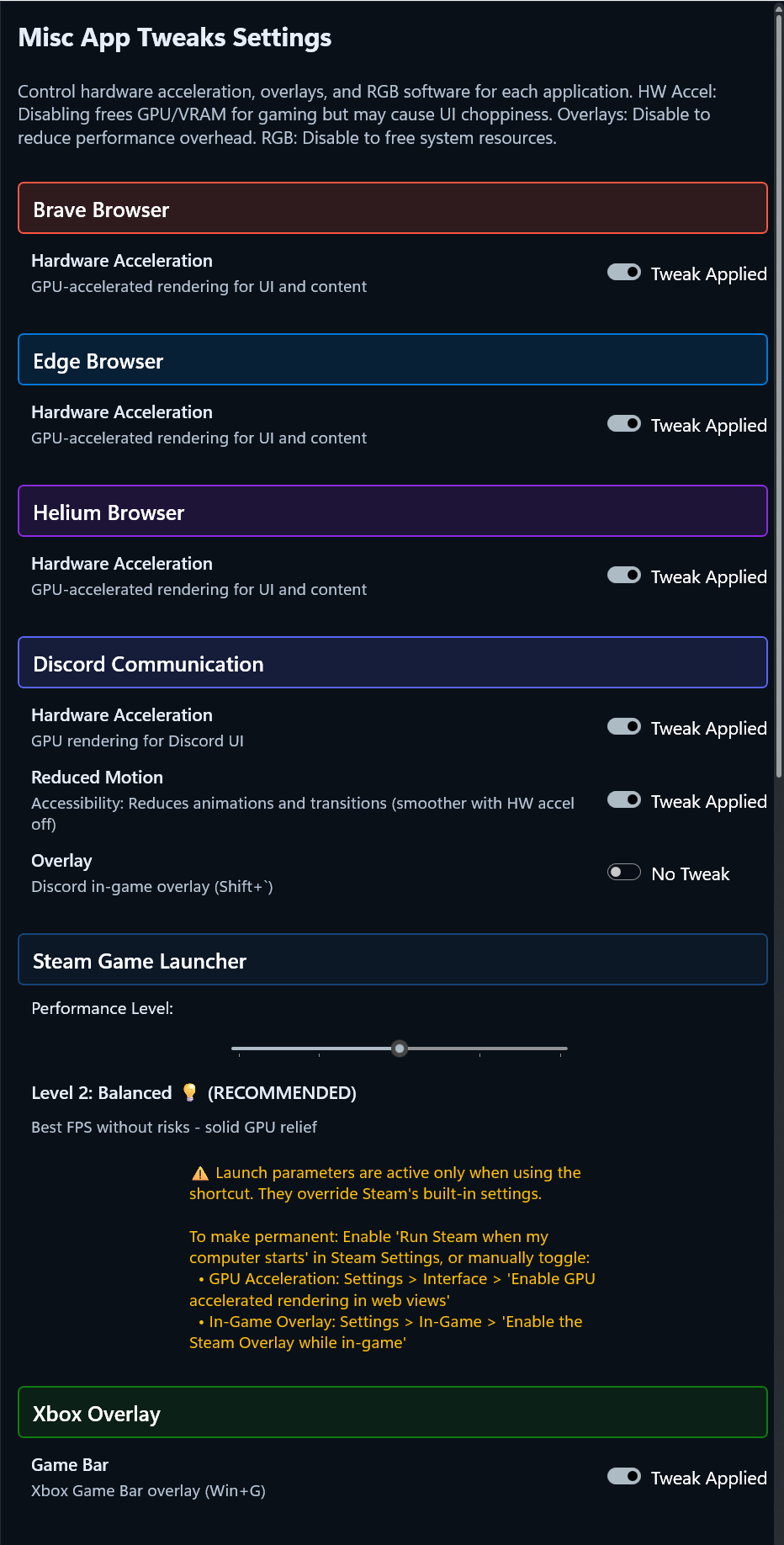 AWPtimizr application tweaks dialog