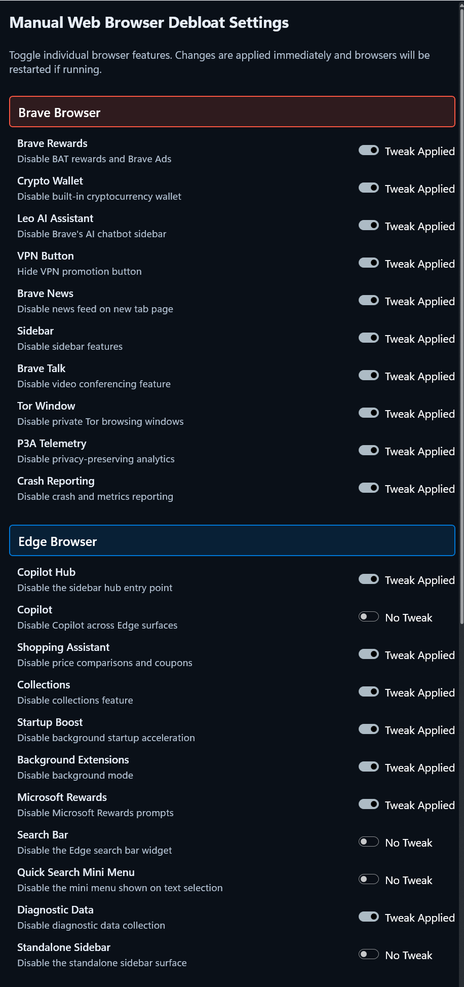 AWPtimizr browser debloat dialog