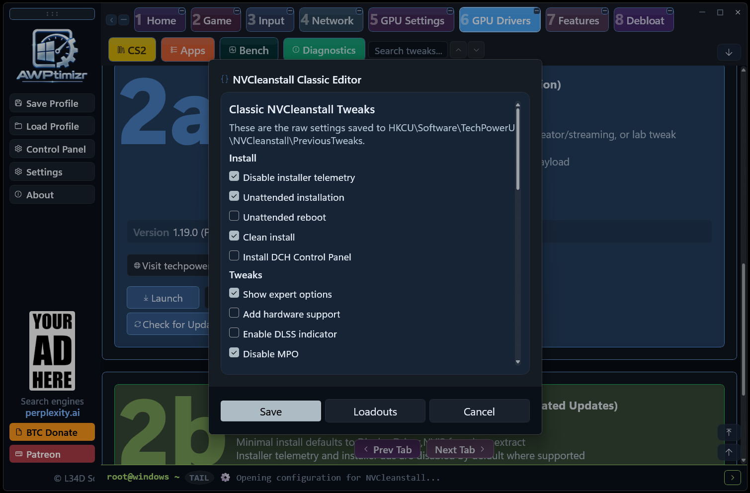 AWPtimizr NVCleanstall classic editor