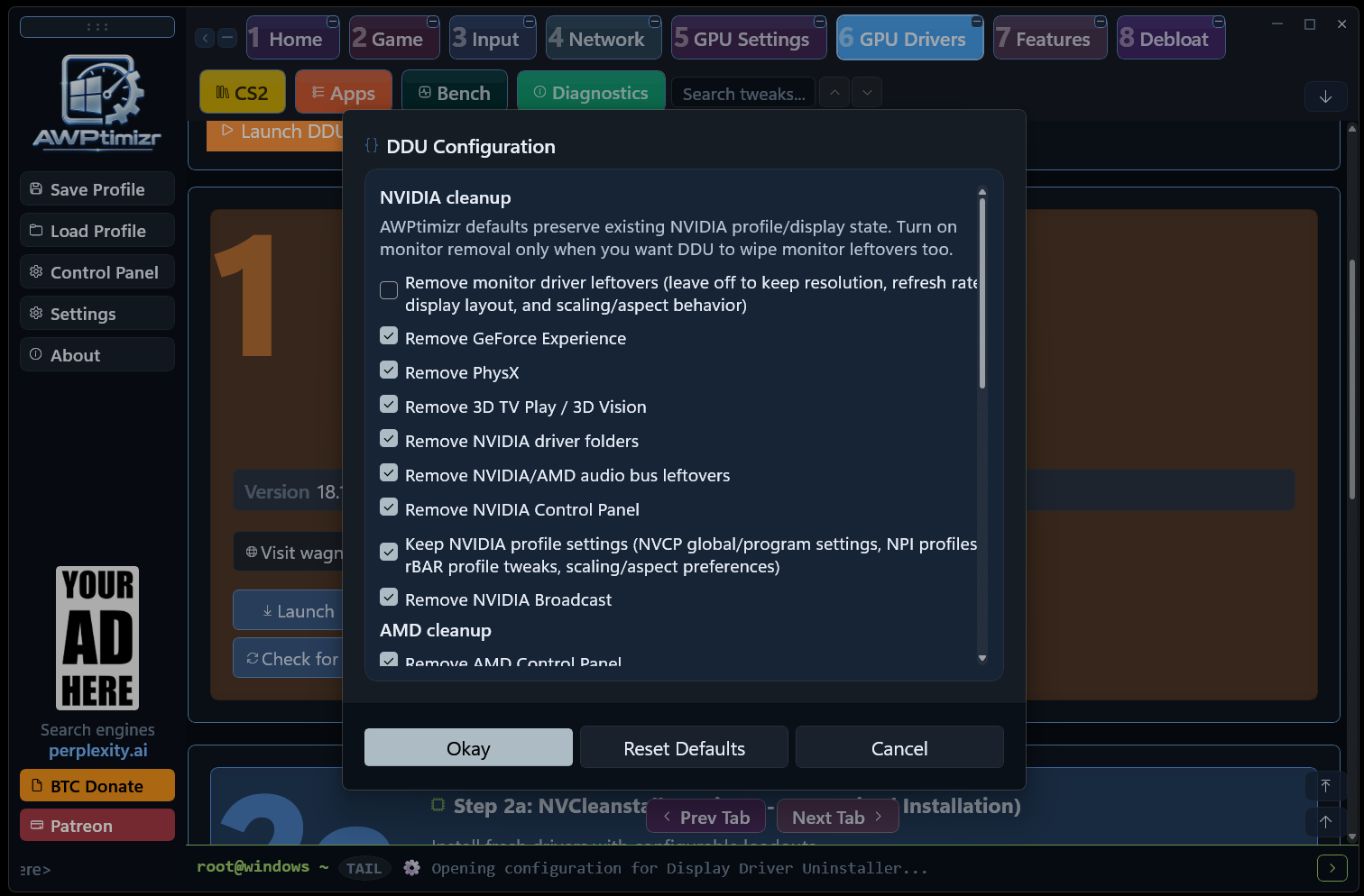 AWPtimizr DDU configuration dialog