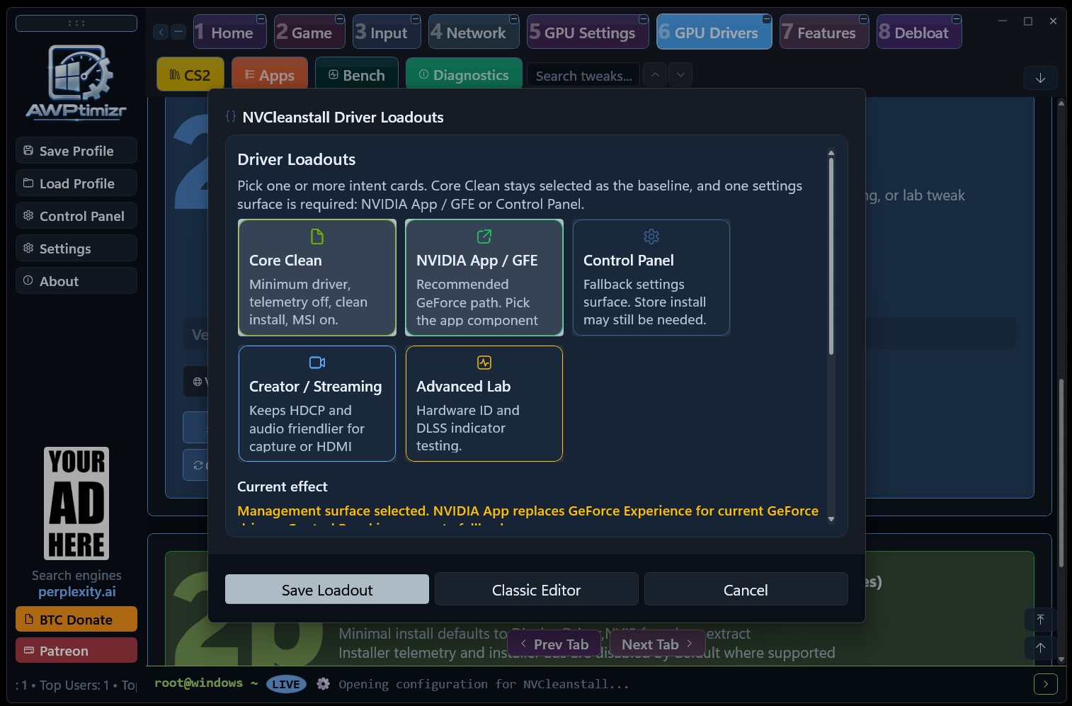 AWPtimizr driver loadout dialog