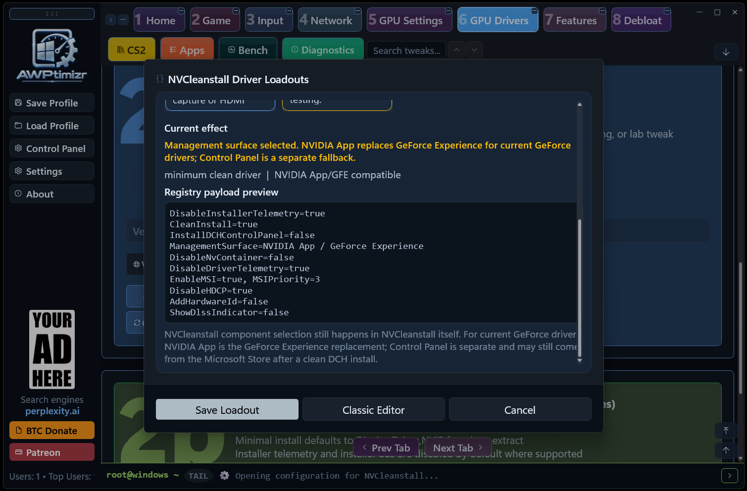AWPtimizr driver payload preview