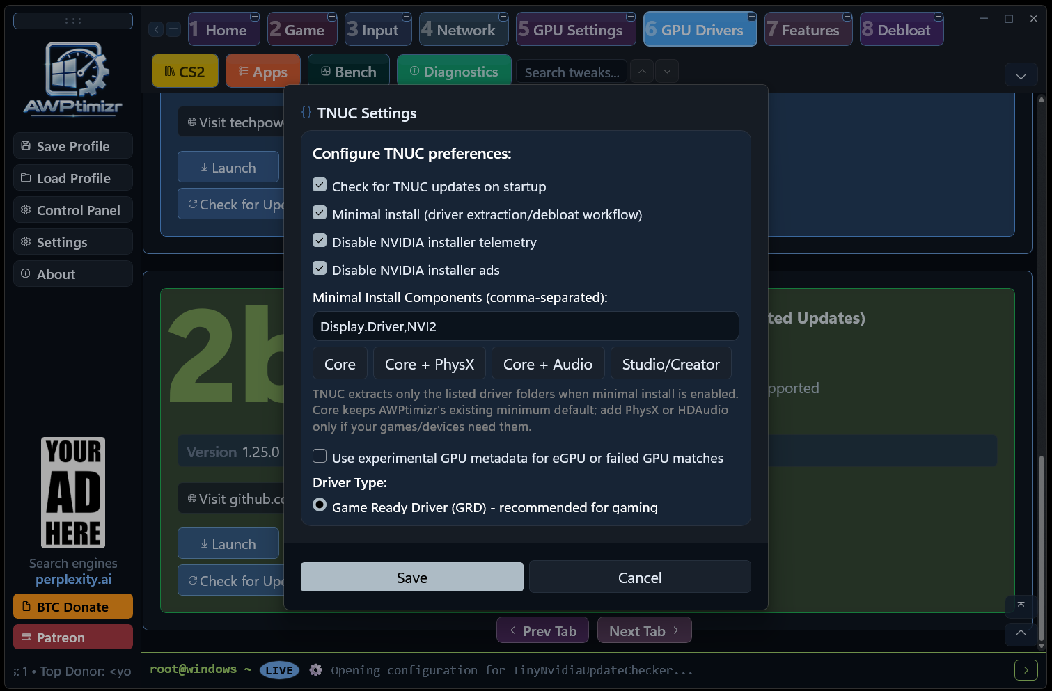 AWPtimizr TNUC settings dialog