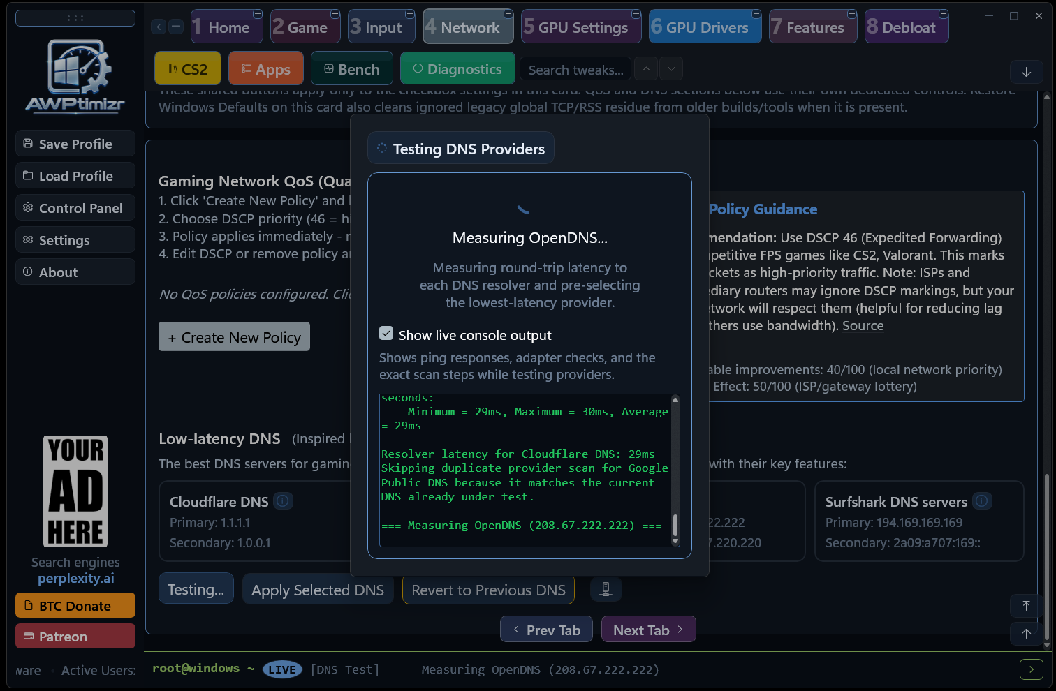 AWPtimizr DNS test dialog